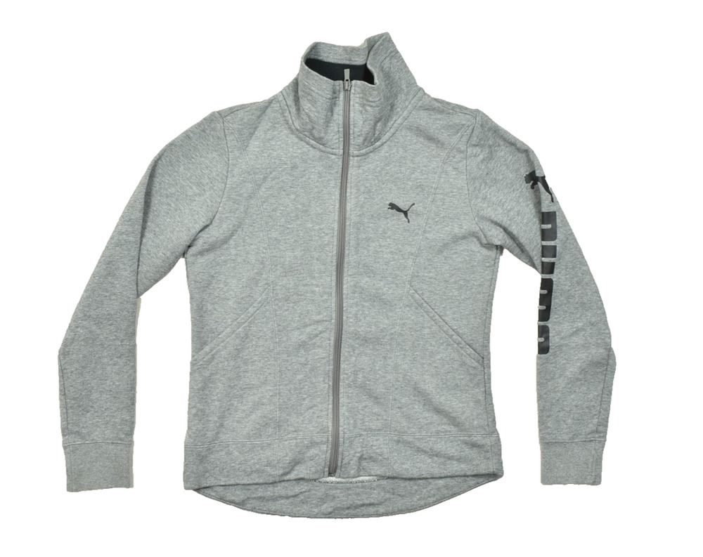 Puma Women's Small Gray Full Zip Track Jacket Mock Neck Graphic Sleeve